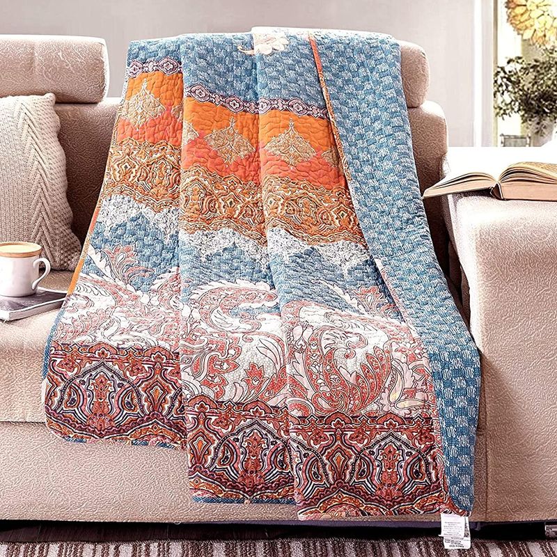 Photo 1 of Exclusivo Mezcla Cotton Boho Stripe Quilted Throw Blanket, Luxury Reversible Quilt Blanket, 50X60 Inch, Machine Washable and Dryable
