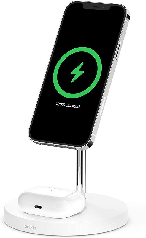 Photo 1 of Belkin MagSafe 2-in-1 Wireless Charger, 15W Fast Charging iPhone Charger Stand for iPhone 13, 12, Pro, Pro Max, Mini, AirPods
