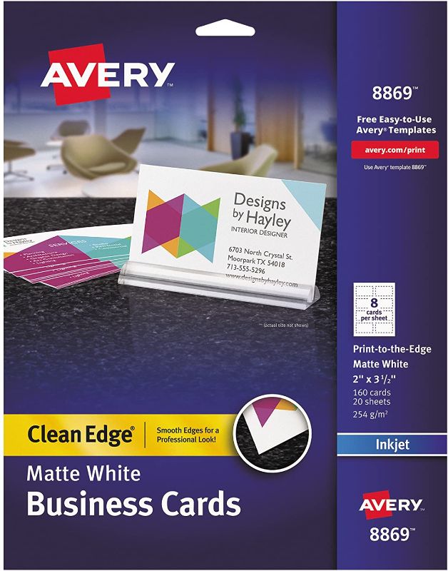 Photo 1 of Avery 8869 Print-to-the-Edge True Print Business Cards, Inkjet, 2x3 1/2, White (Pack of 160)
