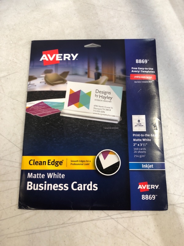 Photo 2 of Avery 8869 Print-to-the-Edge True Print Business Cards, Inkjet, 2x3 1/2, White (Pack of 160)
