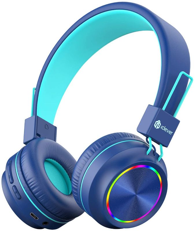 Photo 1 of iClever BTH03 Kids Headphones, Colorful LED Lights Kids Bluetooth Headphones with MIC, 25H Playtime, Stereo Sound, Bluetooth 5.0, Foldable, Childrens Headphones on Ear for Study Tablet Airplane, Blue
