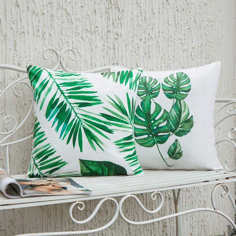 Photo 1 of Anickal Tropical Leaves Decorations Set of 4 Soft Velvet Decorative Pillow Covers 18 x 18 with Tropical Palm Monstera Leaves Print for Summer Green Decor-Factory Seal
