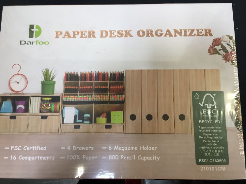 Photo 2 of Desk Organizer Set with 6 Magazine File Holder Organizer 4 Drawers & 16 Compartments - Huge Capacity Pen organizer for Home, School, Office Supplies, FSC Certified Cardboard, DIY Project, Wood Color
