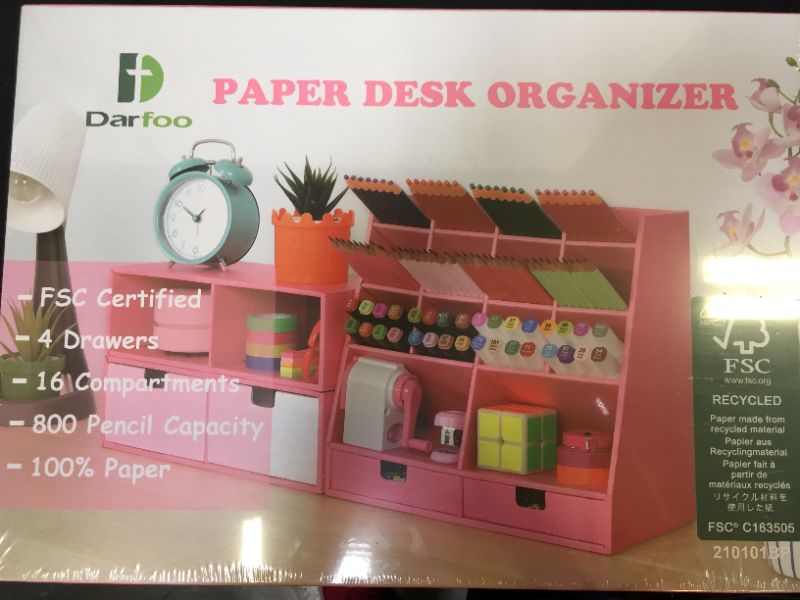 Photo 2 of Pink Desk Organizer and Accessories with 4 Drawers & 16 Compartments Twice Capacity - Art Supply Organizer for Home, School, Office Supplies, FSC Certified Cardboard, DIY Project, Easy Assembly
