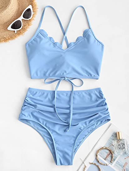 Photo 1 of ZAFUL Women's High Waisted Tankini Set, Scalloped Trim Swimsuit Back Lace-Up High Cut Two Piece Bikini Set Size - Small 
