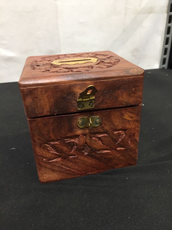 Photo 3 of Wooden Money Bank Piggy Bank ,Money Storage Box .Handmade Brown Wooden Money Bank with Full Carving Design /Square Shape Money Storage 
