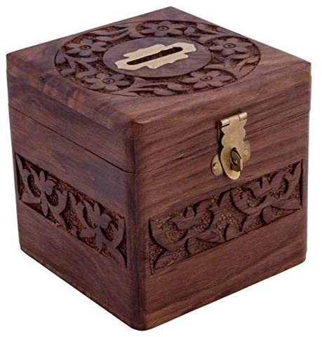 Photo 1 of Wooden Money Bank Piggy Bank ,Money Storage Box .Handmade Brown Wooden Money Bank with Full Carving Design /Square Shape Money Storage 
