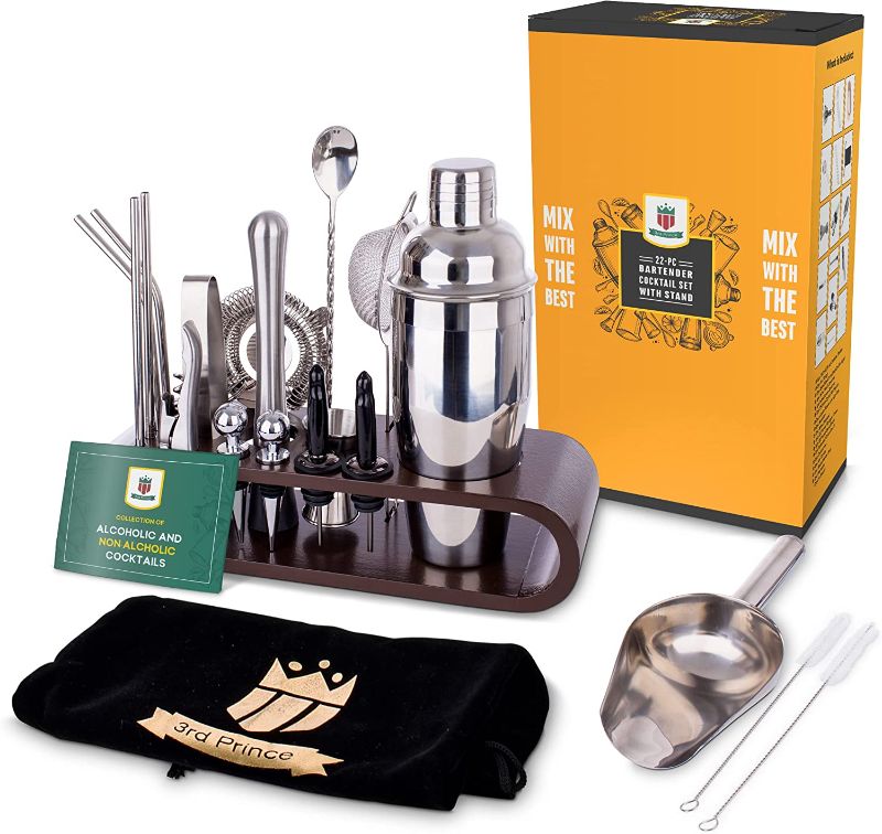 Photo 1 of 22-Piece Bartender Kit with Bamboo Stand and Velvet Bag, Stainless Steel Cocktail Shaker, Essential Bar Tools, Recipes Booklet, Perfect Set for Parties, at Home & All Occasions