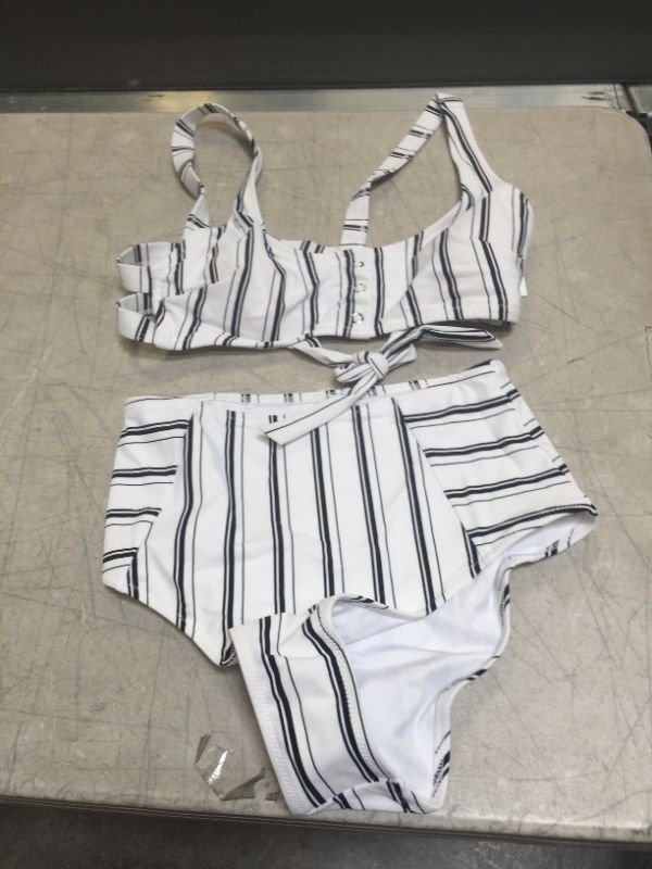 Photo 2 of CUPSHE Navy And White Vertical Stripe High Waisted Bikini---SMALL---
