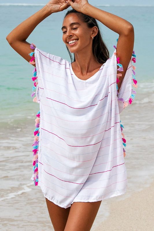 Photo 1 of CUPSHE Colorful Striped And Tassel Trimmed Cover Up---ONE SIZE---
