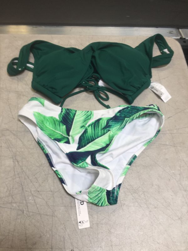 Photo 1 of CUPSHE Green Solid And Leafy Print Bikini---MEDIUM---
