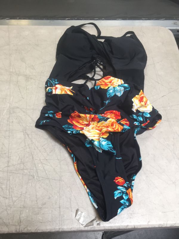 Photo 2 of CUPSHE Black Floral Print Halter One Piece Swimsuit---MEDIUM---
