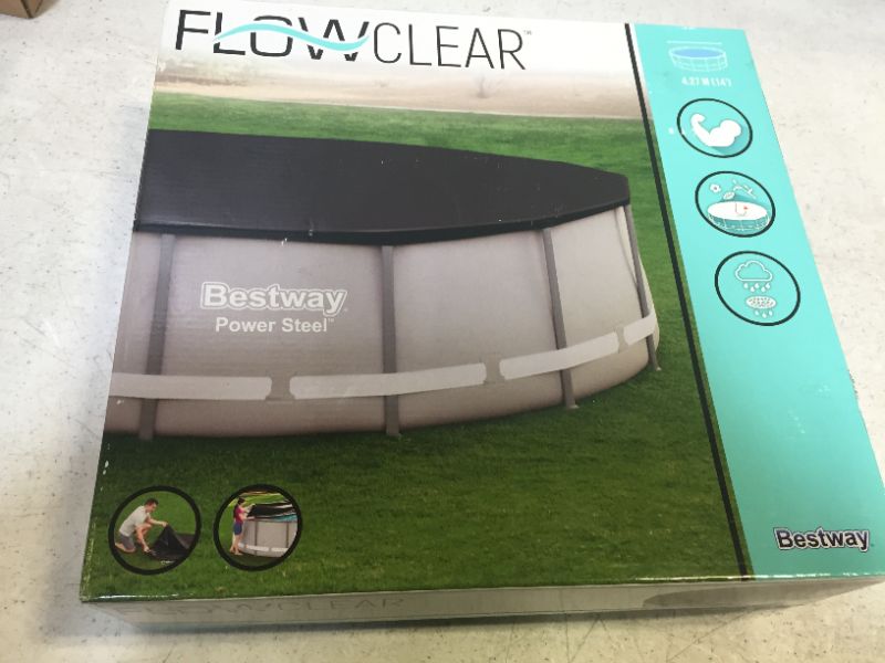 Photo 2 of Bestway 58248 14 Foot Debris Swimming Pool Cover for Pro Frame Pools (Pool Not Included), Black with Drain Holes and Tie-down Ropes