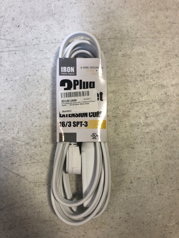 Photo 2 of 8 Ft Extension Cord with 3 Electrical Power Outlet - 16/3 Durable White Cable

