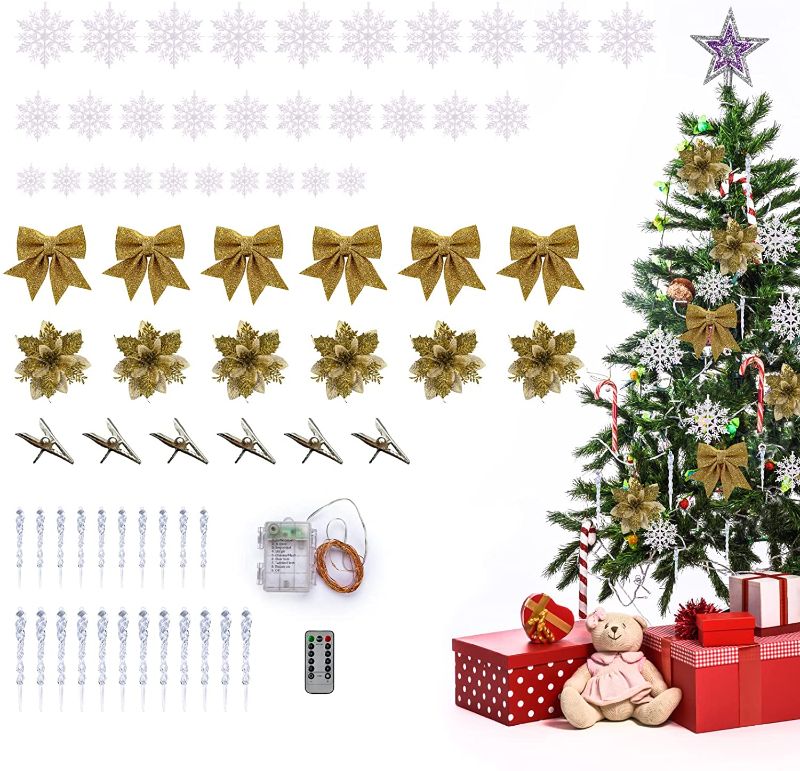 Photo 1 of 65 Pcs Christmas Tree Ornaments Set, Clear Icicle, Bows, Snowflake, Artificial Christmas Flowers Glitter Gold, Holiday Shatterproof Hanging Decorations, Golden
