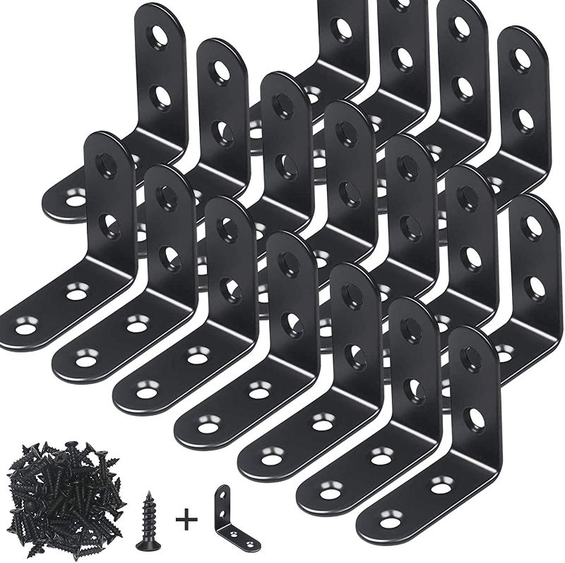 Photo 1 of 18-Pack L Bracket Corner Brace Sets Black Stainless Steel 90 Degree Right Angle Brackets Fastener with Screws for Wood, Shelves, Furniture, Cabinet(1.6inch) Set of 2

