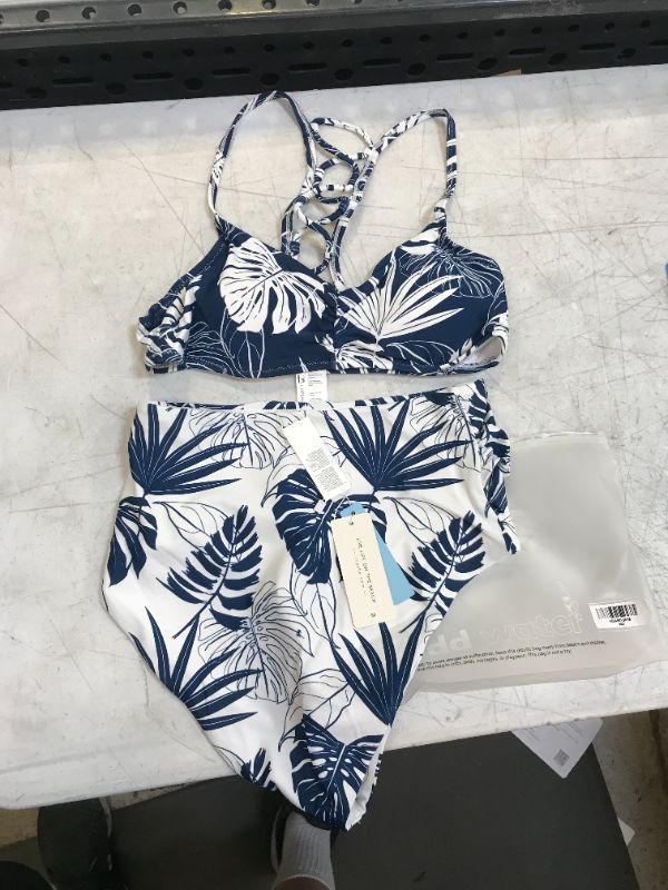 Photo 3 of Blue And White Leafy High Waisted Bikini sz M 