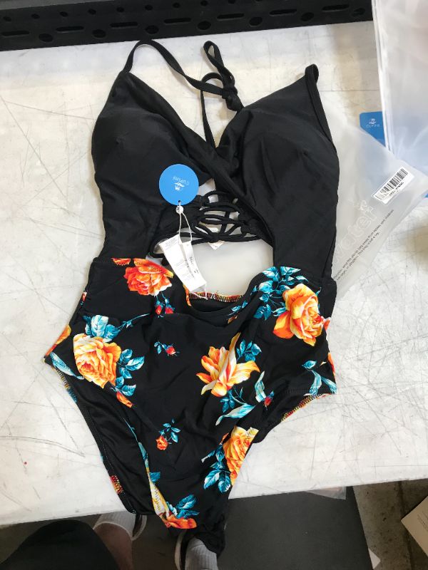 Photo 3 of Black Floral Print Halter One Piece Swimsuit sz XL 
