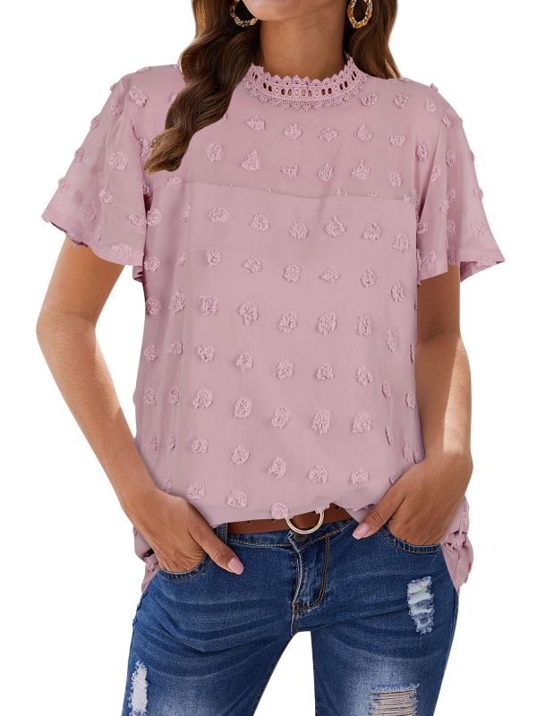 Photo 1 of Dresswel Women Plain Swiss Dots Jacquard Crochet Cutout Flutter Sleeve Blouse Tops
