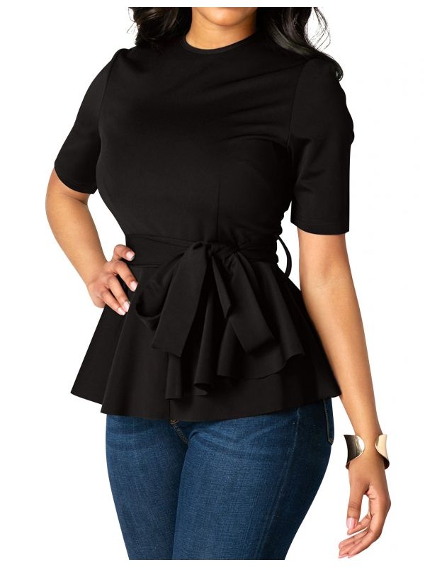 Photo 1 of Dresswel Women Casual Crew Neck Short Sleeve Pleated Hem Shirt Tops Blouse with Belt---LARGE---
