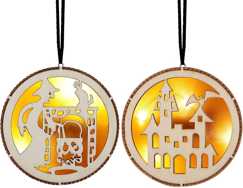 Photo 1 of 2 Pack Halloween Wooden LED Lights Round Hanging Pendant Crafts,Halloween Decorations Witch Haunted House Hollow Ornament for Festival Home Decor
