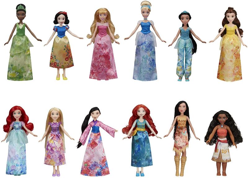 Photo 1 of Disney Princess Royal Collection, 12 Fashion Dolls -- Ariel, Aurora, Belle, Cinderella, Jasmine, Merida, Moana, Mulan, Pocahontas, Rapunzel, Snow White, Tiana (Amazon Exclusive)
Box Damaged During Shipping.One Princess was Opened