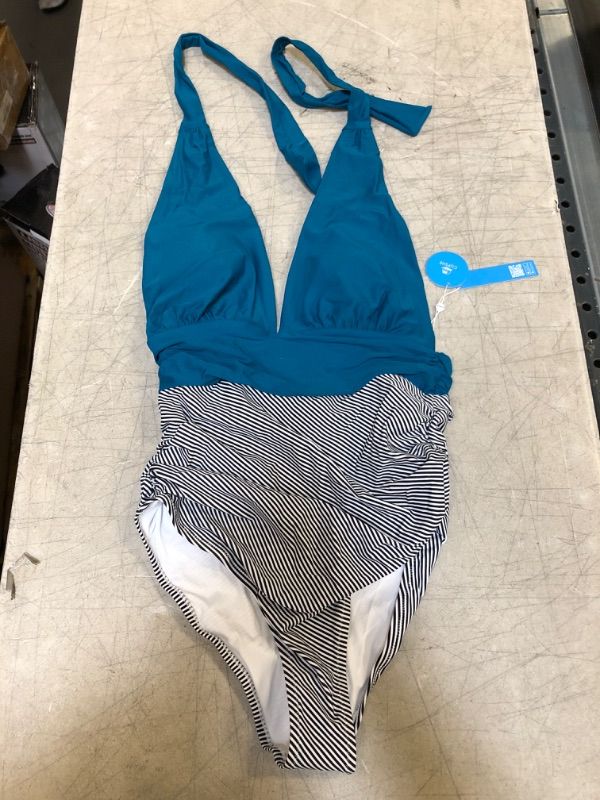 Photo 2 of Aqua Textured And Striped Halter One Piece Swimsuit, Large

