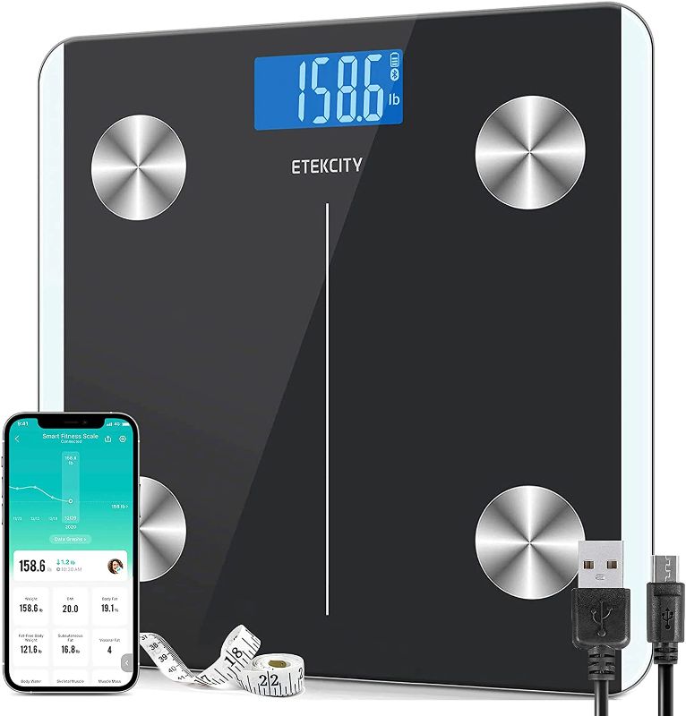 Photo 1 of Etekcity Scales for Body Weight, Bathroom Digital Weight and Body Fat Scale for BMI, Rechargeable Smart Bluetooth Body Composition Analyzer, Sync Data with Other Fitness Apps Black 11.8x11.8 Inch
