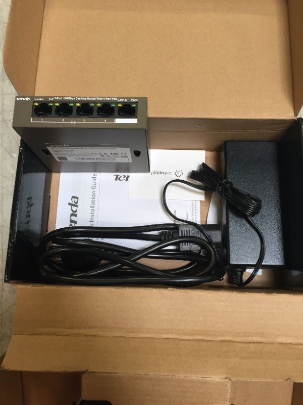 Photo 2 of Tenda 5-Port 10/100Mbps Fast Ethernet Unmanaged PoE Switch-with 4 PoE@58W (TEF1105P) | Desktop & Wall-Mount | Fanless Ethernet Splitter | Plug & Play | Sturdy Metal | Limited Lifetime Protection
