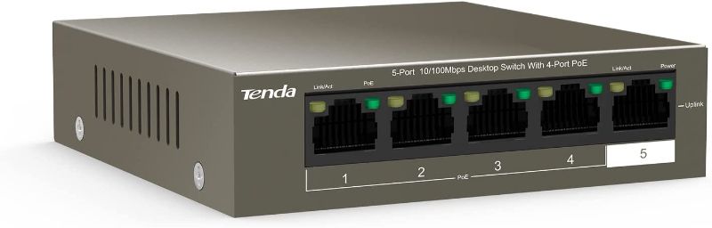 Photo 1 of Tenda 5-Port 10/100Mbps Fast Ethernet Unmanaged PoE Switch-with 4 PoE@58W (TEF1105P) | Desktop & Wall-Mount | Fanless Ethernet Splitter | Plug & Play | Sturdy Metal | Limited Lifetime Protection
