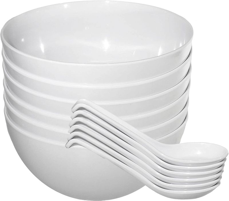 Photo 1 of Chef Miso Set of Six Large Melamine Pho Bowls and Spoons White 48 Ounce
