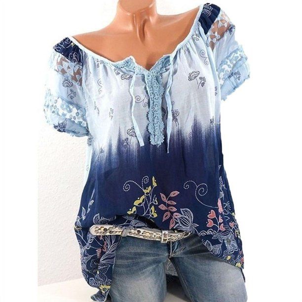 Photo 1 of Fashion Women Short Sleeve Gradient Color Shirt Summer Print Lace Hollow Bandage Blouse Casual Loose Tops--size 4XL 
