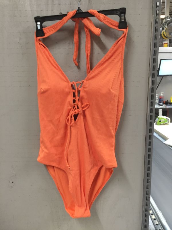 Photo 2 of Alena Orange Halter Lace Up One Piece Swimsuit--size Large
