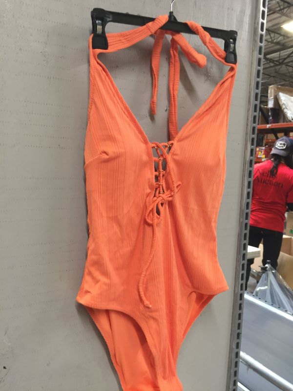 Photo 3 of Alena Orange Halter Lace Up One Piece Swimsuit--size Large
