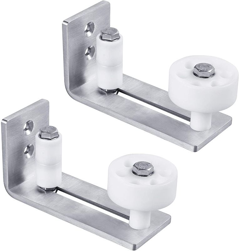 Photo 1 of (2 Pack) FaithLand Barn Door Floor Guide, Stainless Steel Adjustable Wall Mount Stay Roller Guide- Non-Scratch Wheels with Ball Bearing- Flush with Floor- 8 Setup Options- 2 Pairs of Screws
