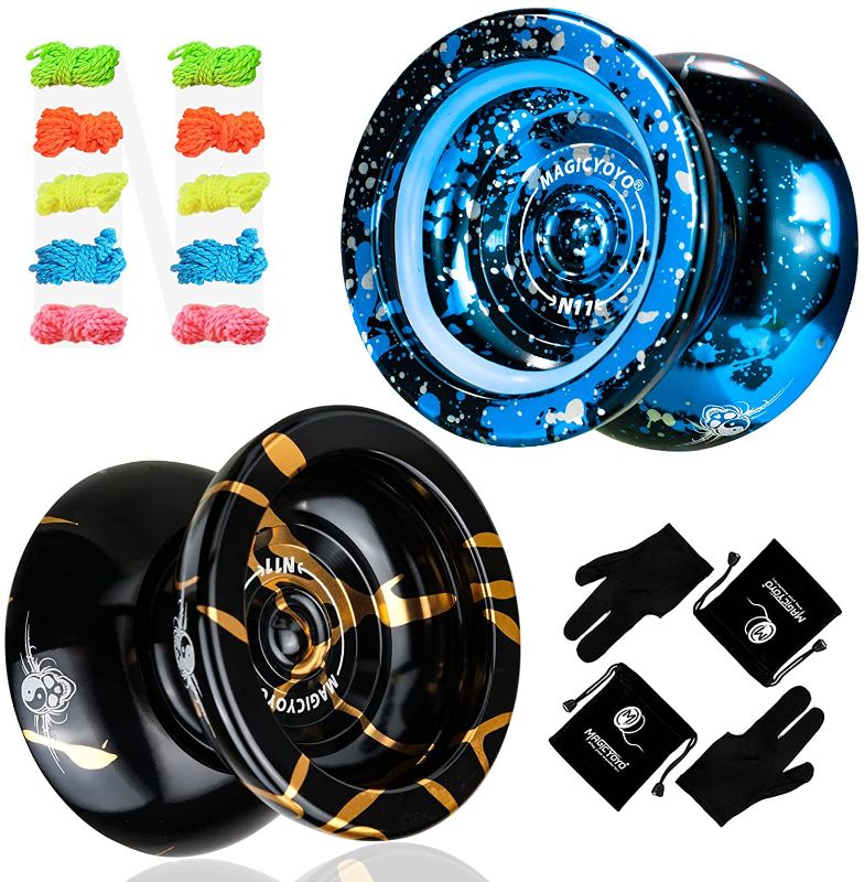 Photo 1 of MAGICYOYO Professional Unresponsive Yoyo N11 Pack of 2, Pro Yoyo Alloy Metal Yoyo with 2 Bags, 2 Yo-yo Gloves, 10 Replacement Yoyo Strings
