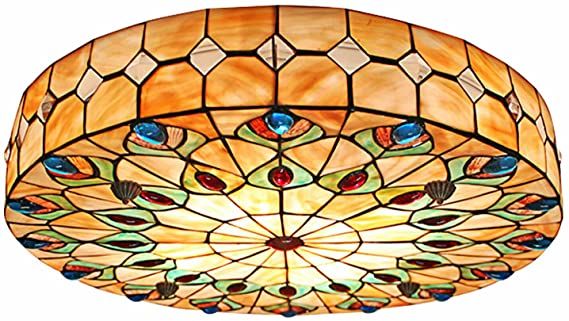 Photo 1 of 23 Inch Tiffany Style Round Flush Mount Stained Glass Ceiling Light with Remote Control