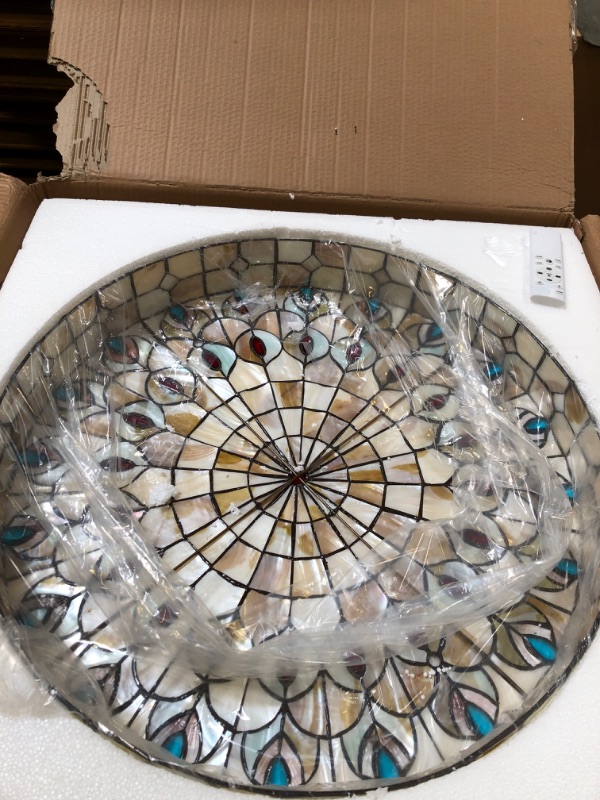 Photo 2 of 23 Inch Tiffany Style Round Flush Mount Stained Glass Ceiling Light with Remote Control