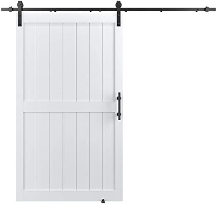 Photo 1 of COSHOMER 48in x 84in MDF Sliding Barn Door with 8ft Barn Door Hardware Kit & Handle, Pre-Drilled Holes Easy Assembly -Solid Wood Slab Inside Covered with Water-Proof PVC Surface, White, H-Frame
