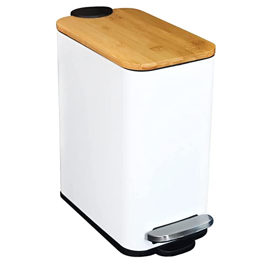 Photo 1 of Bathroom Trash Can with Bamboo Lid with Soft Close and Foot Pedal, Small Slim Rectangular Trash Can with Removable Inner Trash Can for Bedroom, Powder Room, Craft Room, Office, Kitchen, 1.3gal/5l, White
