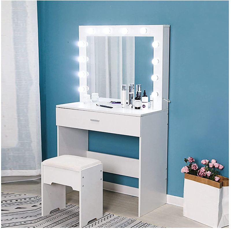 Photo 1 of Riforla Vanity Set with Lighted Mirror, Makeup Vanity Dressing Table Dresser Desk with Large Drawer for Bedroom, White Bedroom Furniture(12 Cool LED Bulbs)
