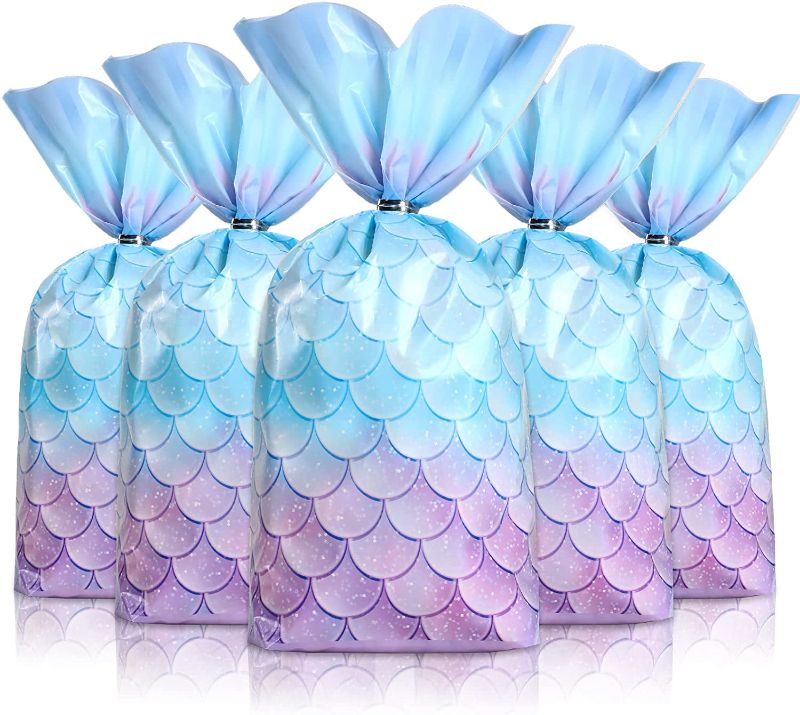 Photo 1 of 100 Pcs Mermaid Party Favors Bags Mermaid Party Goodie Candy Bags Wide Bottom Mermaid Cellophane Treat Bags with 100 Pcs Silver Twist Ties for Mermaid Birthday Girls Party Supplies
