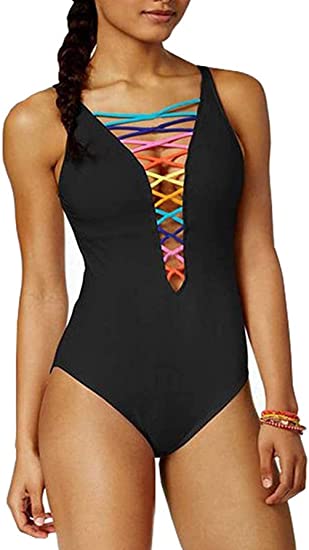 Photo 1 of SOFIA'S CHOICE Women One-Piece Swimsuit Deep V Neck Lace Up Lattice Front Rainbow Tie Bikini
Size: 2XL