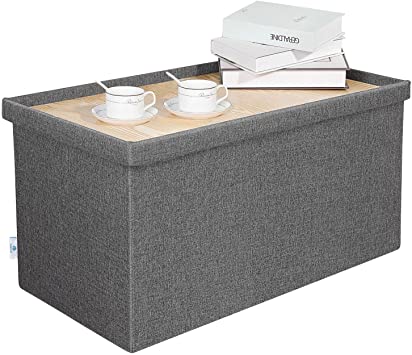 Photo 1 of B FSOBEIIALEO Storage Ottoman with Tray, Linen Ottoman Coffee Table Folding Long Shoes Bench Footstool, Dark Grey 30"x15.74"x15"
