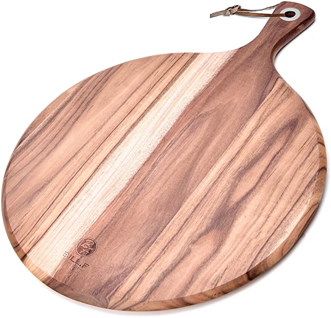 Photo 1 of BILL.F Acacia Wood Pizza Cutting Board, 12" Cutting Board, Cheese Paddle Board, Bread and Cracker Tray for Serving and Preparing Minor Foods with Handle, 16" x 12" x 0.5"