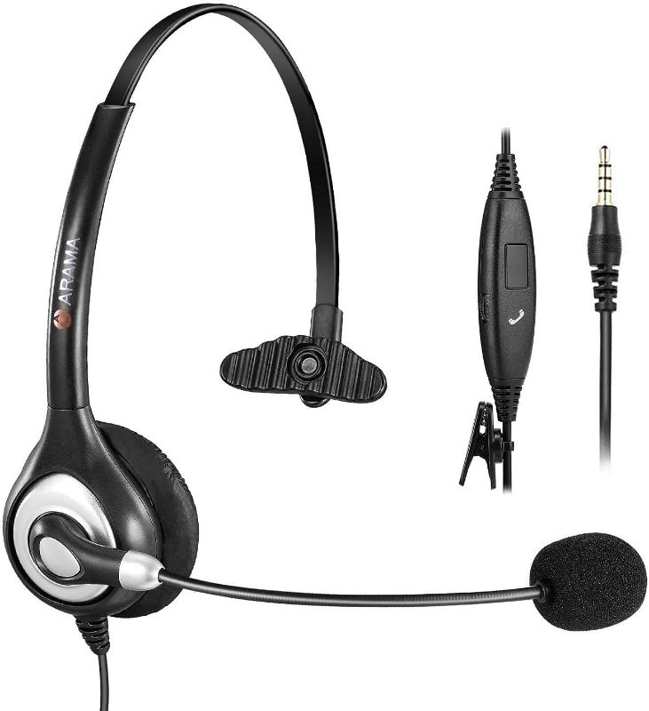 Photo 1 of Arama Cell Phone Headset with Microphone Noise Canceling and Call Controls 3.5mm Computer Headset for iPhone Android Laptop PC Call Center Business Office Skype Softphone