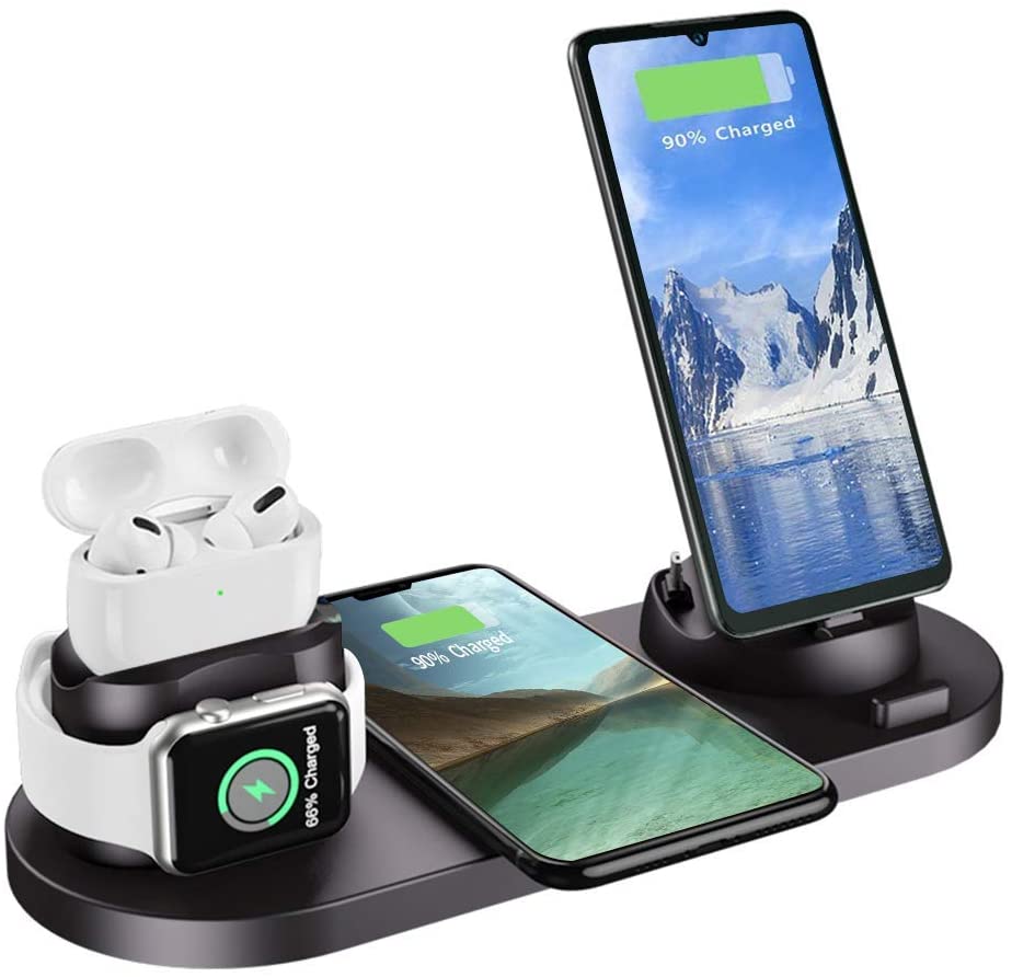 Photo 1 of 6 in 1 Charger Station Compatible with iPhone/Android/Type-C, Aqonsie Qi Fast Wireless Charging Dock Stand for Apple Watch/AirPods Pro/AirPods/iPhone/Samsung/Huawei/HTC/LG Christmas (Black)