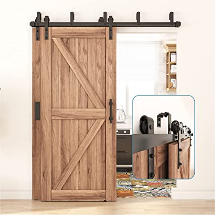 Photo 1 of ZEKOO 4FT - 16FT Double Track Bypass Barn Door Hardware Kit Low Ceiling Wall Mount for Closet Double Wooden Doors (10FT Bypass kit)

