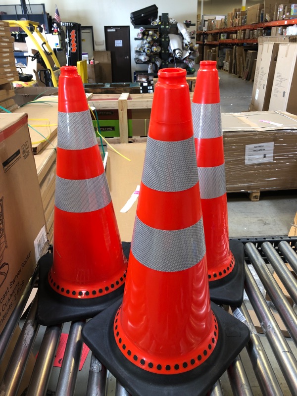 Photo 1 of 3 PACK 28in TRAFFIC CONES ORANGE REFLECTIVE WITH BLACK BASE 