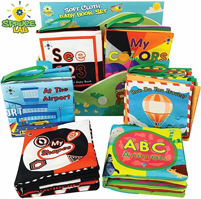 Photo 1 of Spruce Lab Educational Soft Baby Books - 6 Cloth Book Set - Early Learning Sensory Development for Babies - Crinkle Touch and Feel Toddler Toy - High Contrast Infant Toys - Boy/Girl Baby Shower 0-2 yr